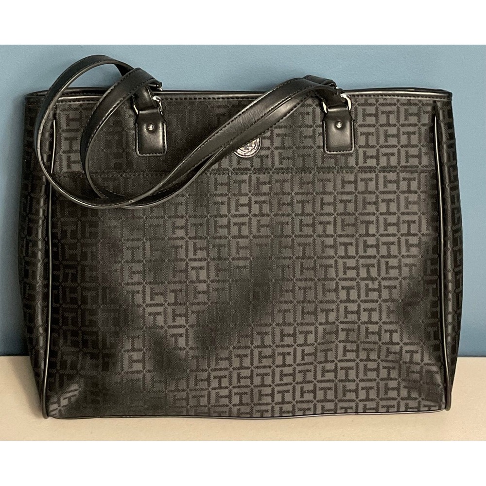 Tommy Hilfiger Black Monogram Large Tote Bag Work School Laptop Y2K Shoulder